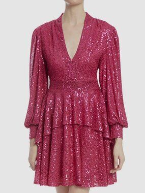 ONE33 Social Women's Pink Sequined Tiered Long Sleeve A-Line Dress Size 0